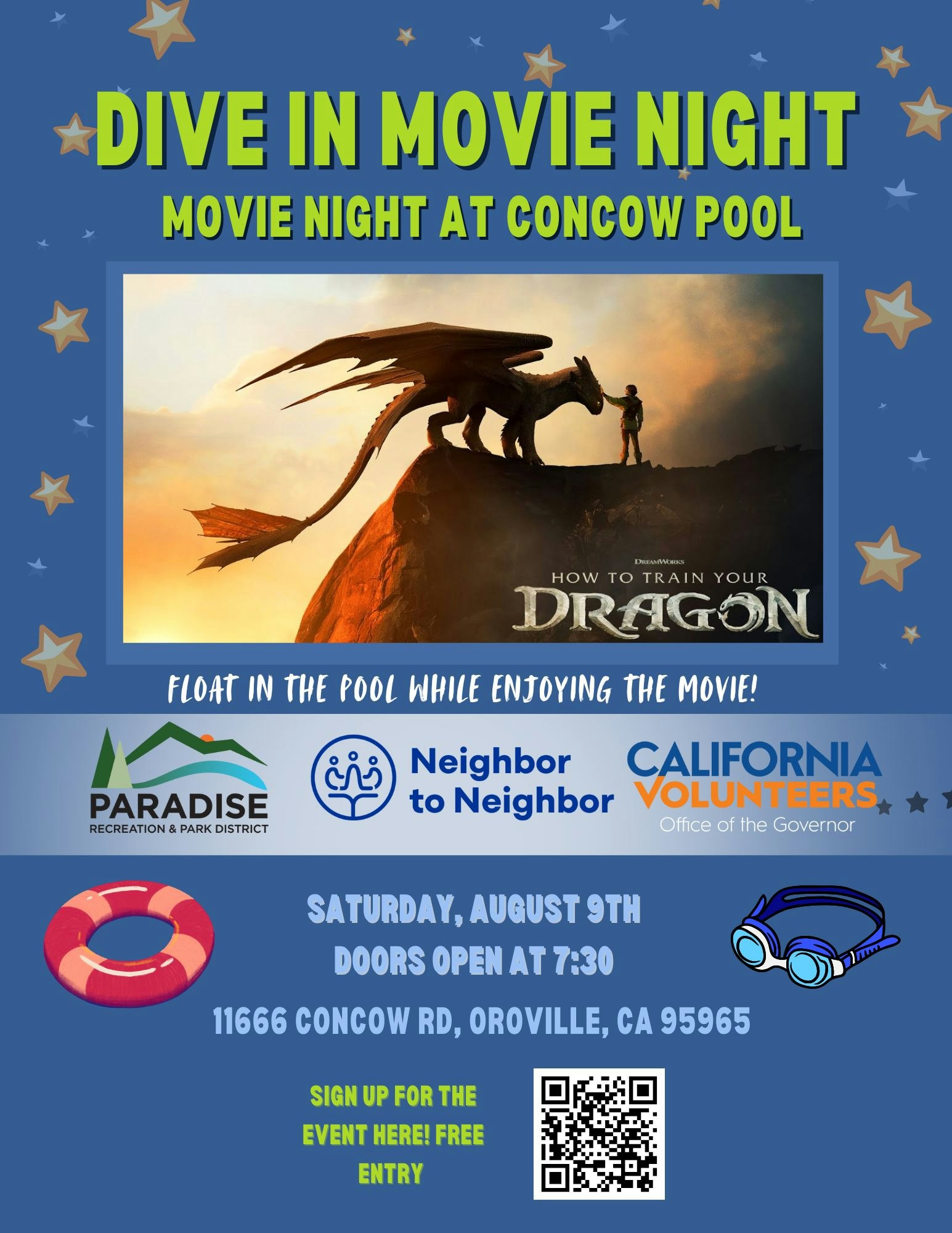 Dive-in movie night at Concow Pool, featuring "How to Train Your Dragon," August 9th, 7:30 PM. Free entry.