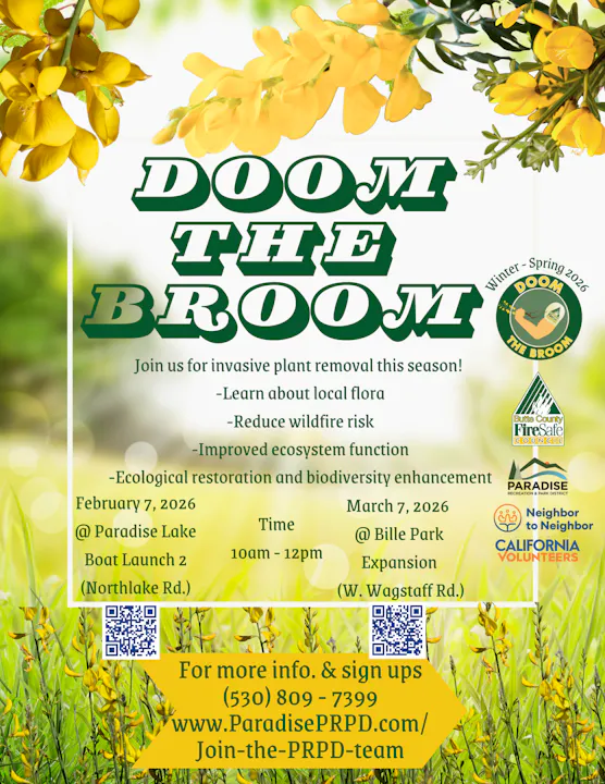 Event for invasive plant removal titled "Doom the Broom" on Feb 7 & Mar 7, 2026. Learn about local flora and improve ecosystems!