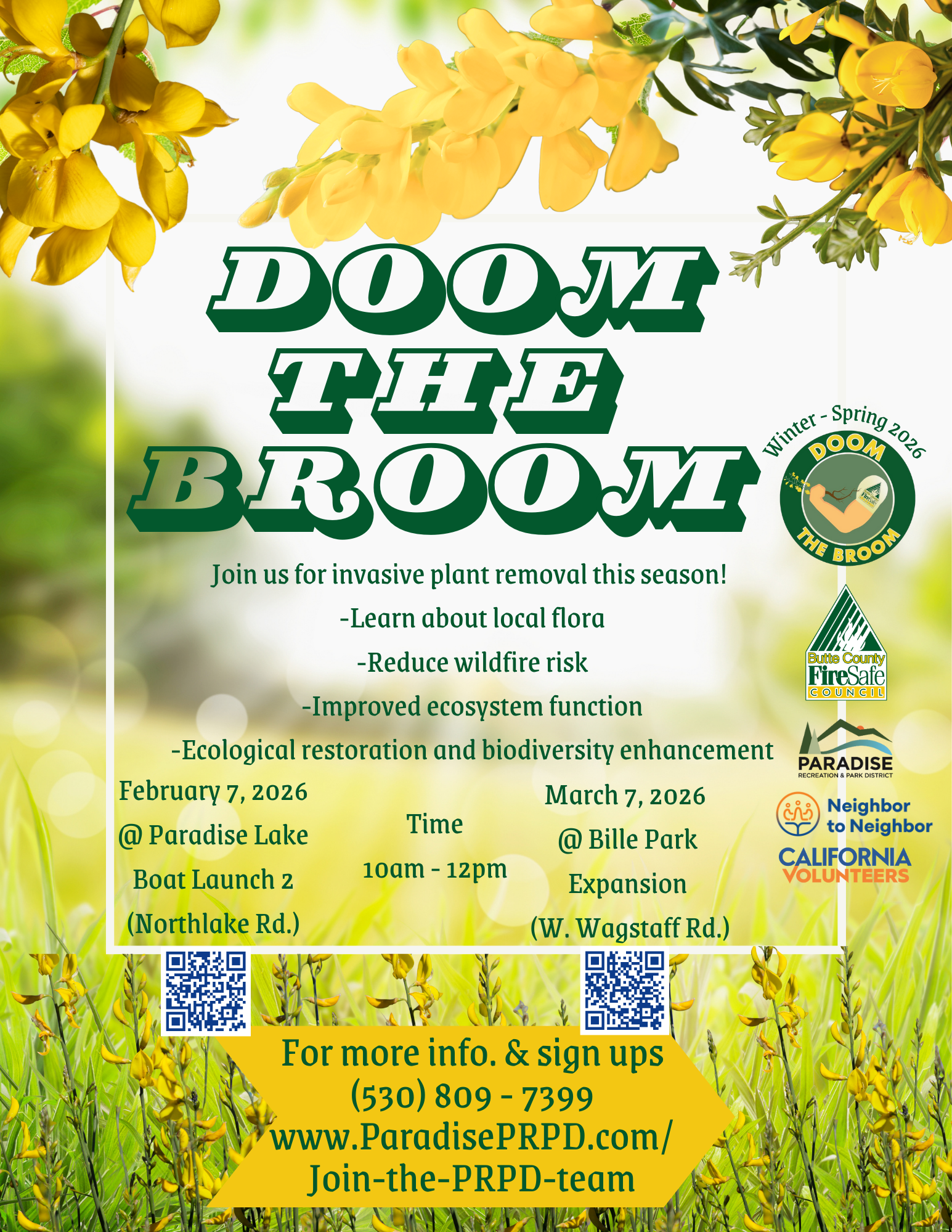 Event for invasive plant removal titled "Doom the Broom" on Feb 7 & Mar 7, 2026. Learn about local flora and improve ecosystems!