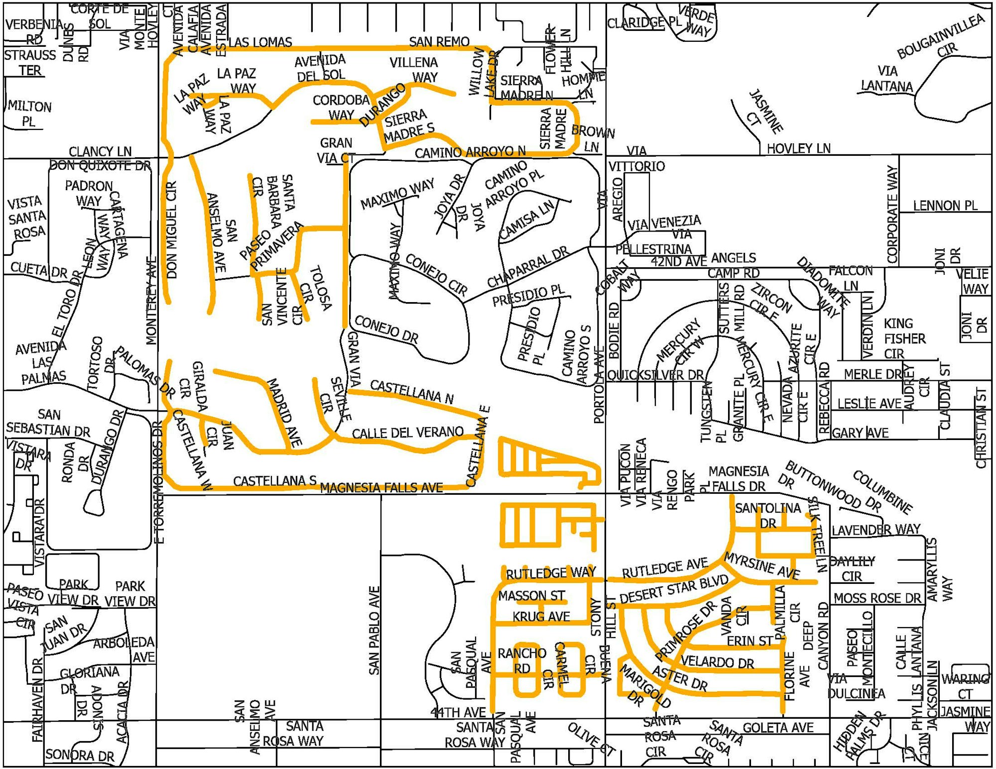 A map showing streets and avenues with some highlighted routes, including Camino Arroyo, Sierra Madre, and more.