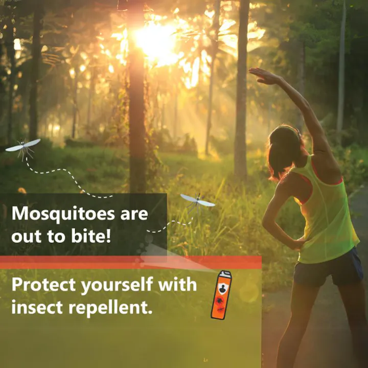 A person stretches outdoors during sunset, with a message about protecting against mosquitoes using insect repellent.