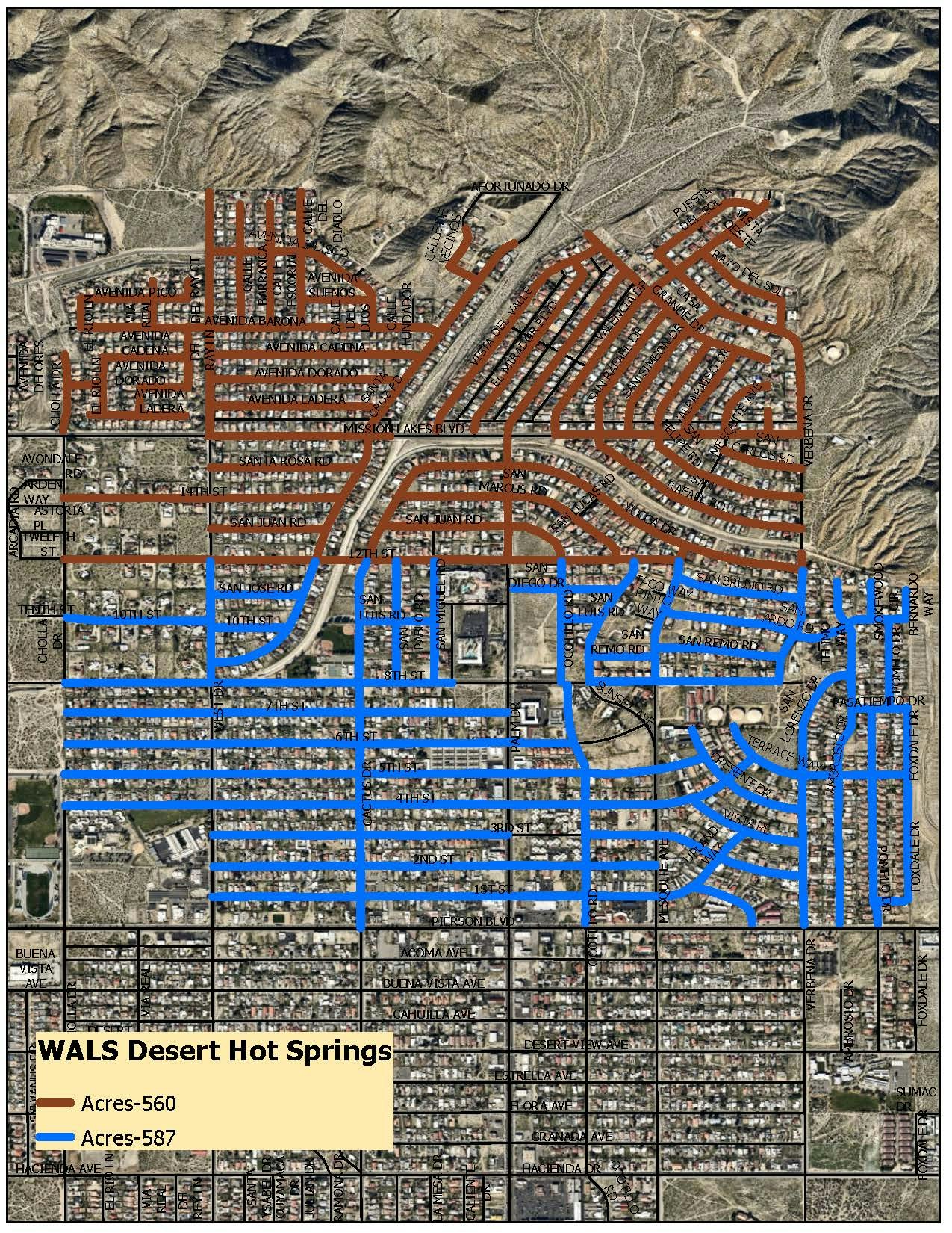 The image is a map of Desert Hot Springs, showing two areas (Acres-560 in brown, Acres-587 in blue) with street layouts.