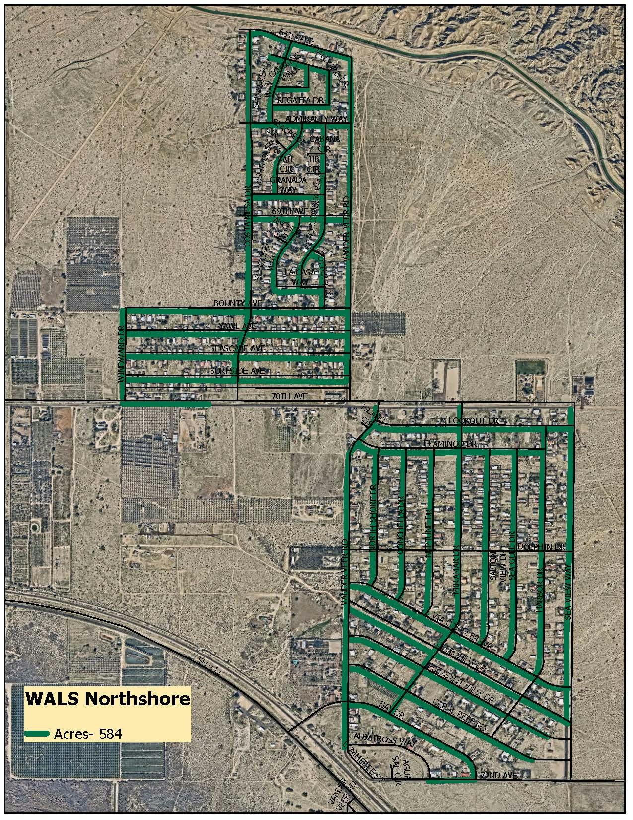 The image shows a map of WALS Northshore, outlining streets and properties across 584 acres in a desert area.