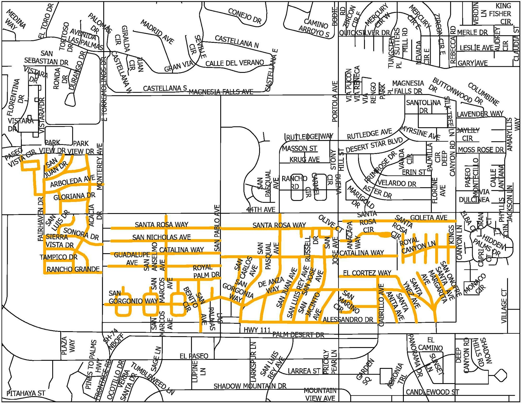 A detailed street map with highlighted roads, including names like Santa Rosa Way, San Gorgonio Ave, and San Nicholas Ave.