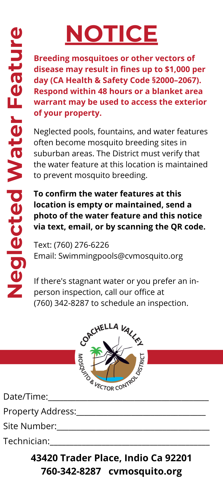 Notice to maintain water features; neglected areas may breed mosquitoes and incur fines. Respond within 48 hours for inspection.