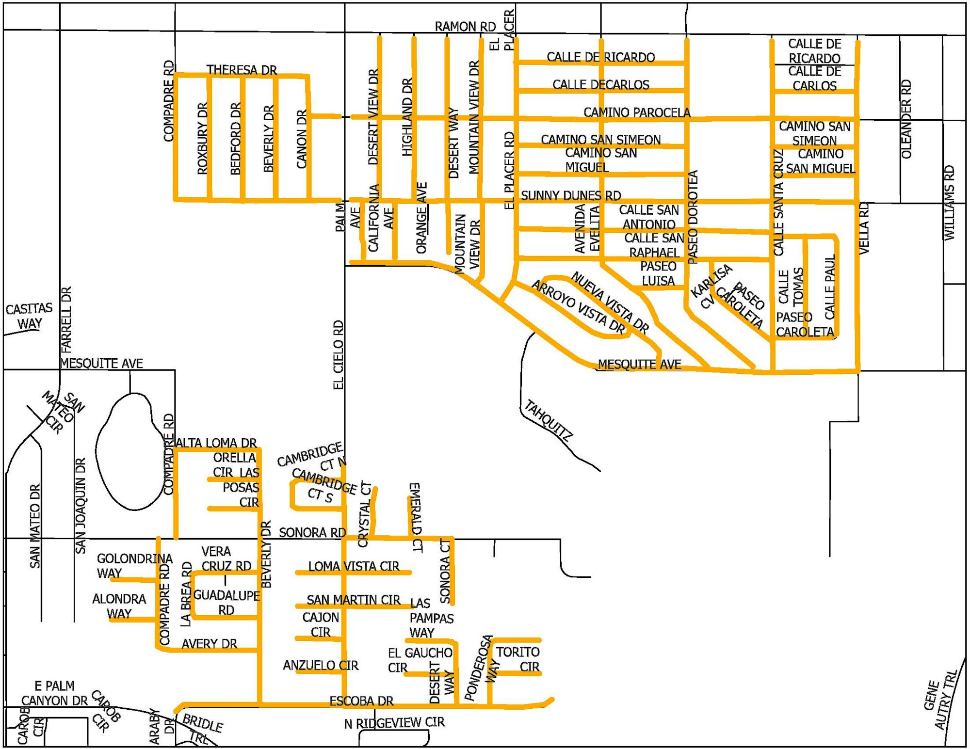 A street map showing an area with labeled roads including Ramon Rd, El Cielo Rd, Mesquite Ave, and others in a grid-like layout.