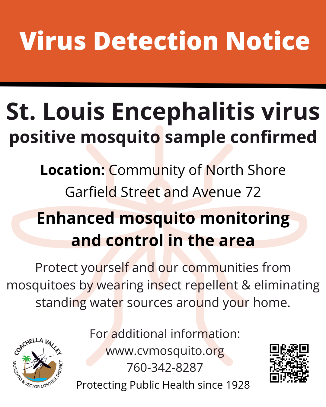 St. Louis Encephalitis virus detected in North Shore. Enhanced mosquito control advised. Use repellent and remove standing water.