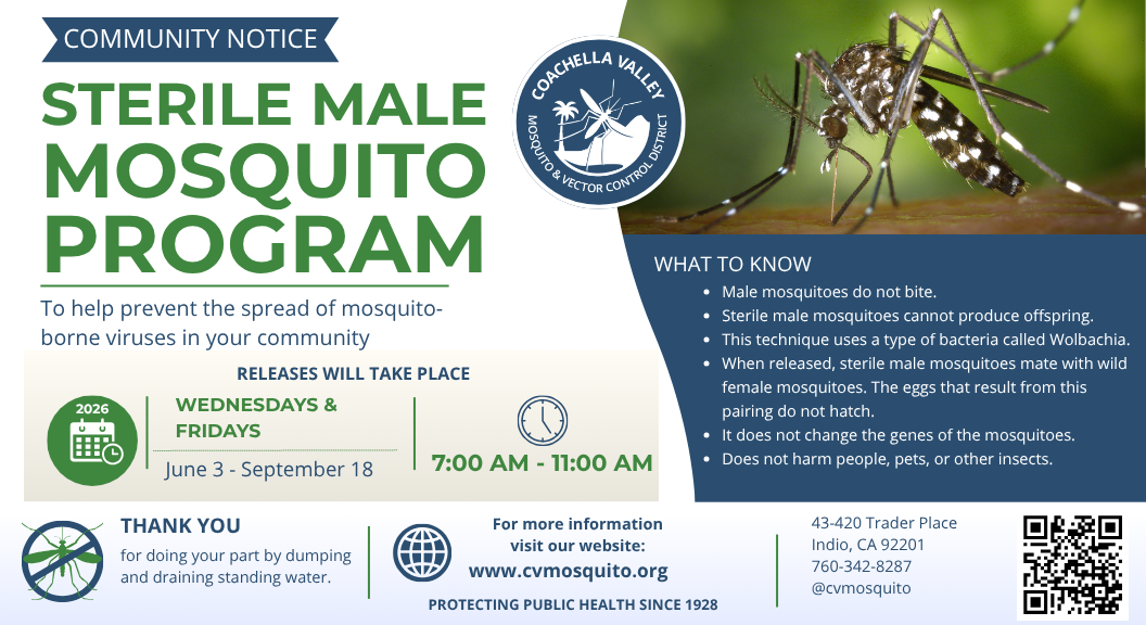 Community notice about a Sterile Male Mosquito Program to prevent mosquito-borne viruses, with release details and important info.
