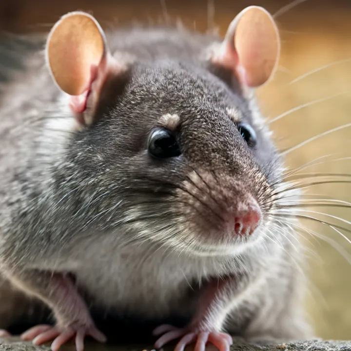 A close-up of a small, furry animal resembling a mouse, featuring prominent ears and whiskers, with a soft focus background.