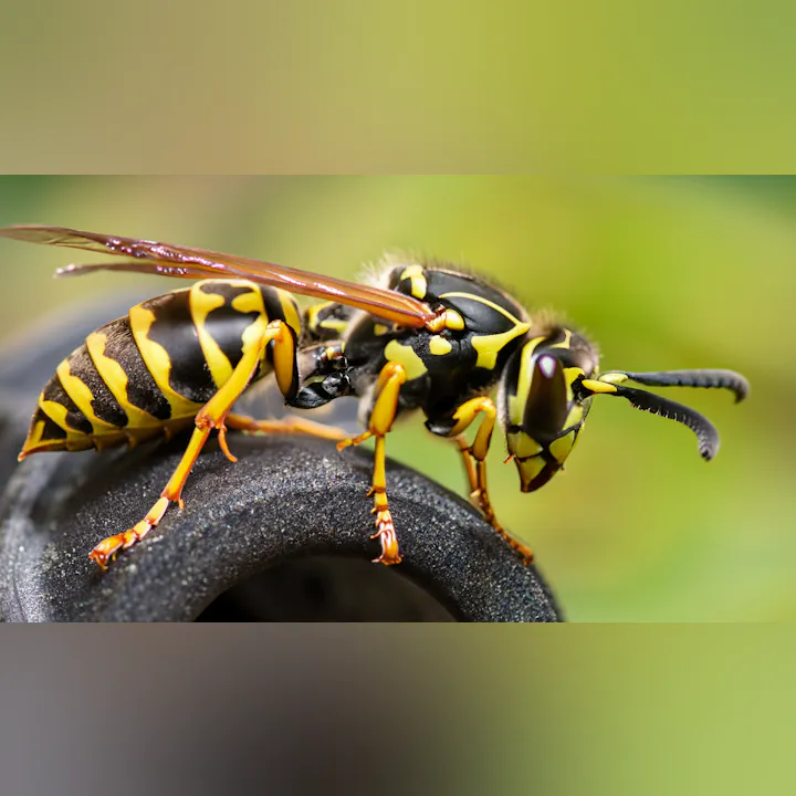 The image shows a close-up of a brightly colored yellow and black wasp, highlighting its detailed features and textures.