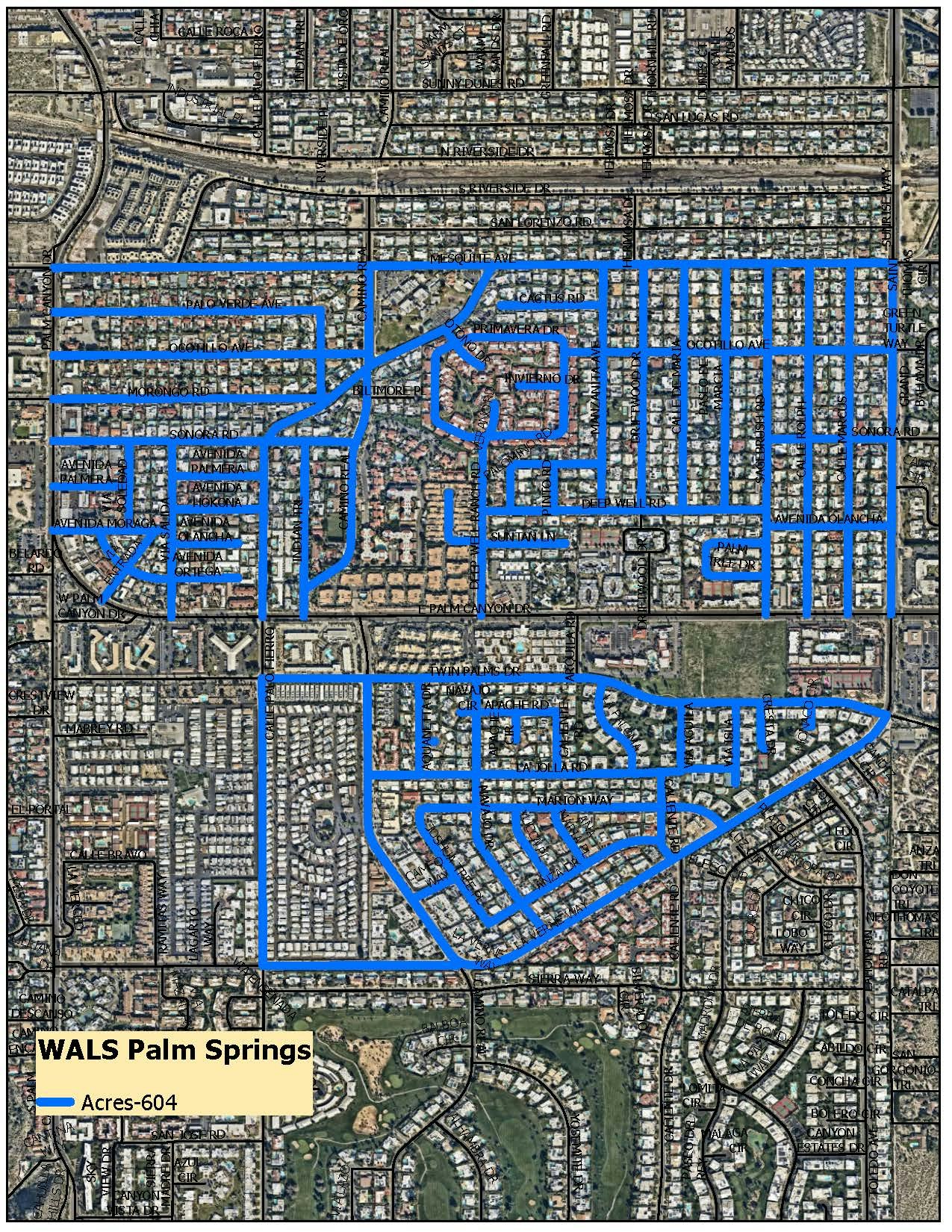 Map of WALS in Palm Springs, highlighting streets and neighborhoods in blue, covering 604 acres.