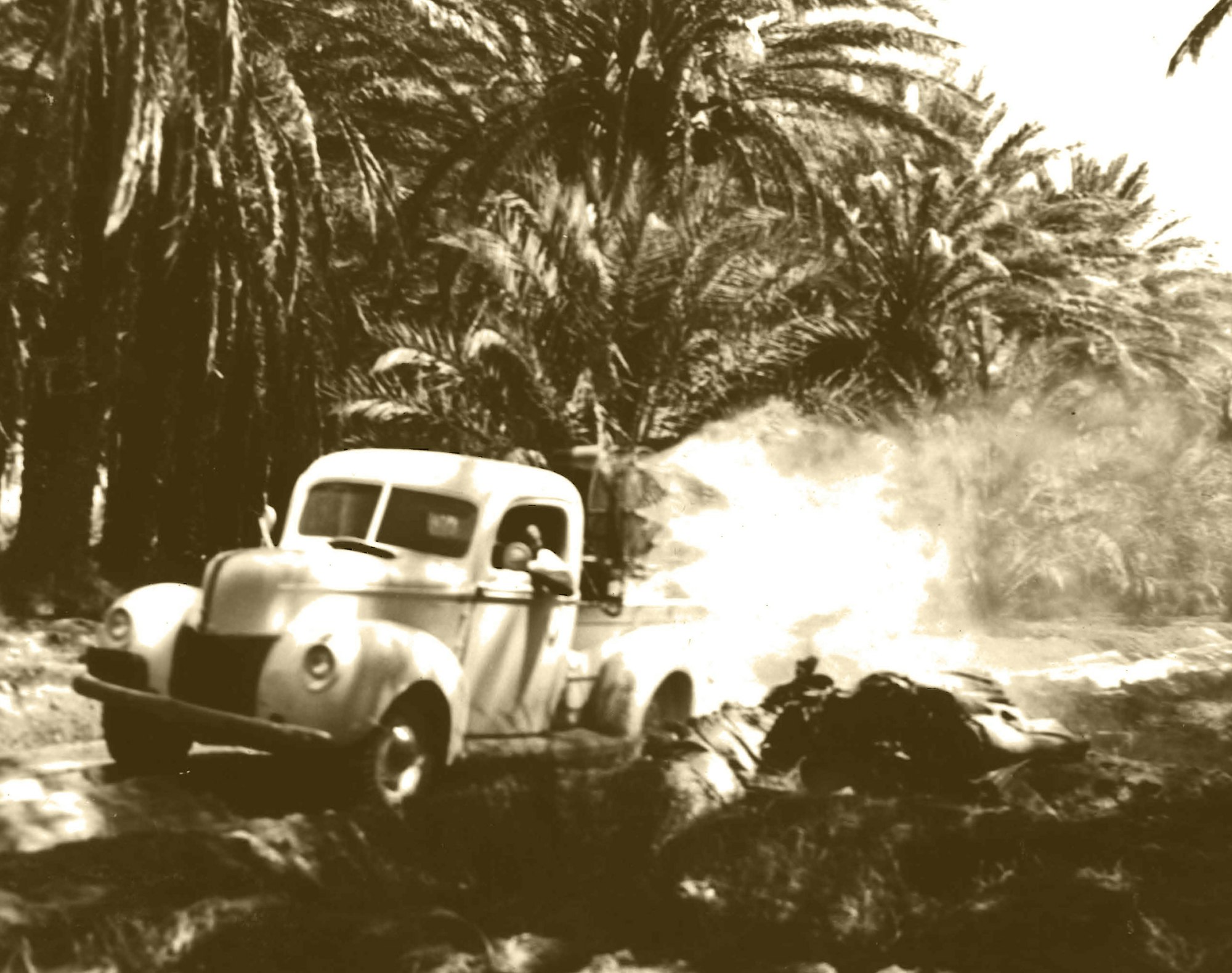 A vintage truck driving on a dirt path surrounded by palm trees, with smoke or dust rising nearby.