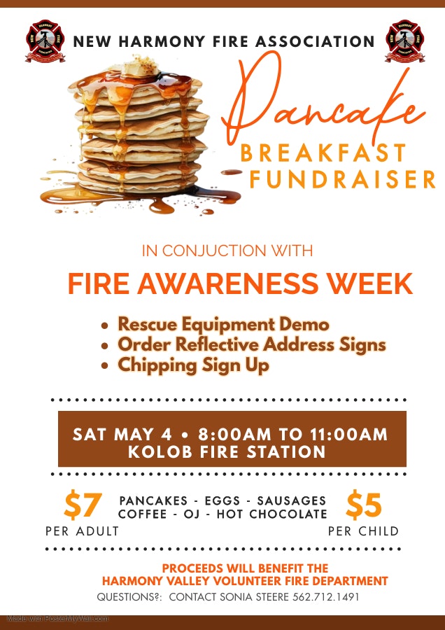 Flyer for a pancake breakfast fundraiser by New Harmony Fire Association with fire awareness activities.