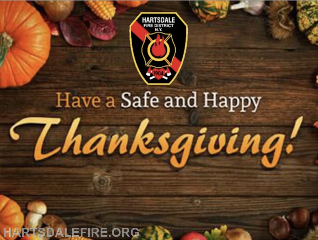 The image wishes everyone a "Safe and Happy Thanksgiving" with festive decorations like pumpkins and autumn leaves.