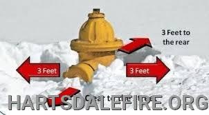 A fire hydrant surrounded by snow, with arrows indicating to keep 3 feet clear on all sides for access.