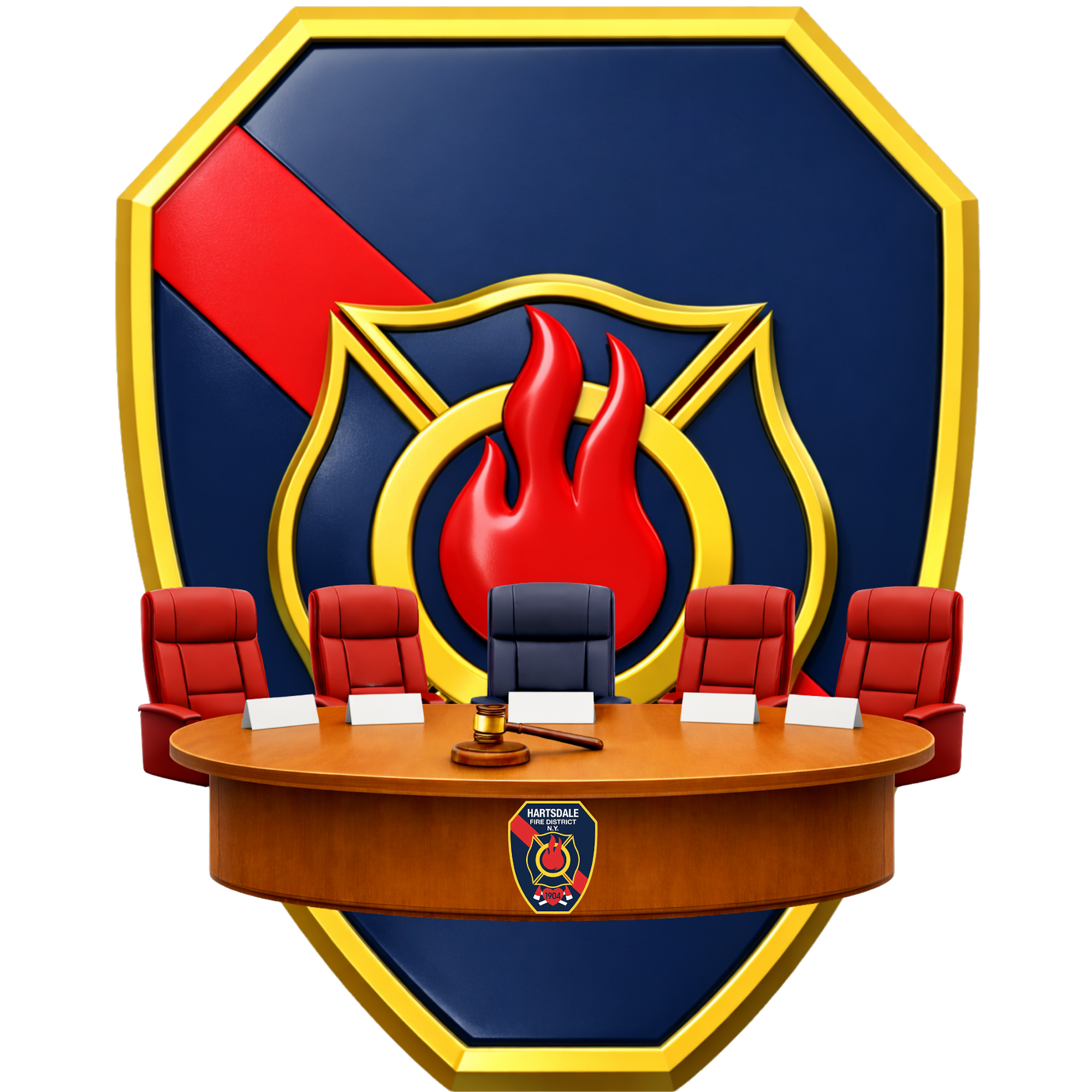 An official-looking table with five chairs, a gavel, and a shield emblem featuring flames, likely for a fire department meeting.