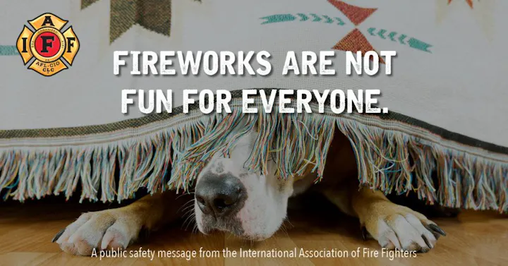 A dog hides under a blanket with text: "Fireworks are not fun for everyone." Public safety message from firefighters.