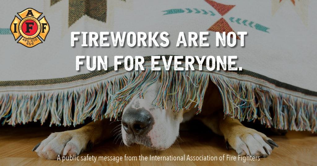 A dog hides under a blanket with text: "Fireworks are not fun for everyone." Public safety message from firefighters.