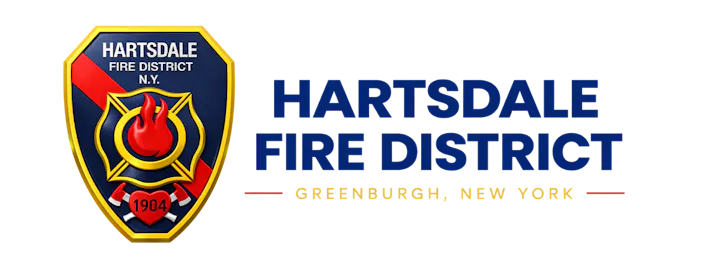 The image features the emblem of the Hartsdale Fire District in Greenburgh, New York, established in 1904.