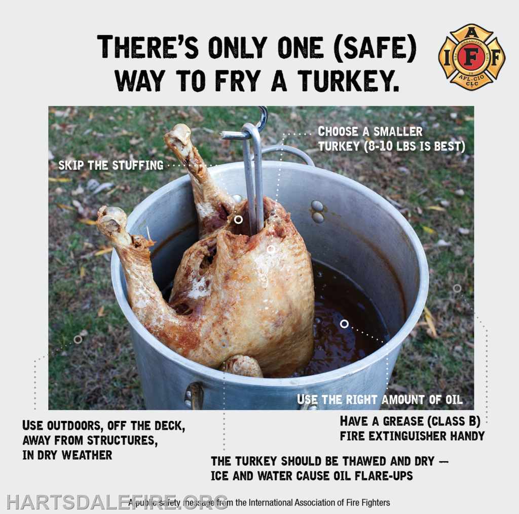 Safety tips for frying a turkey: choose a smaller bird, fry outdoors, skip stuffing, and have a fire extinguisher ready.