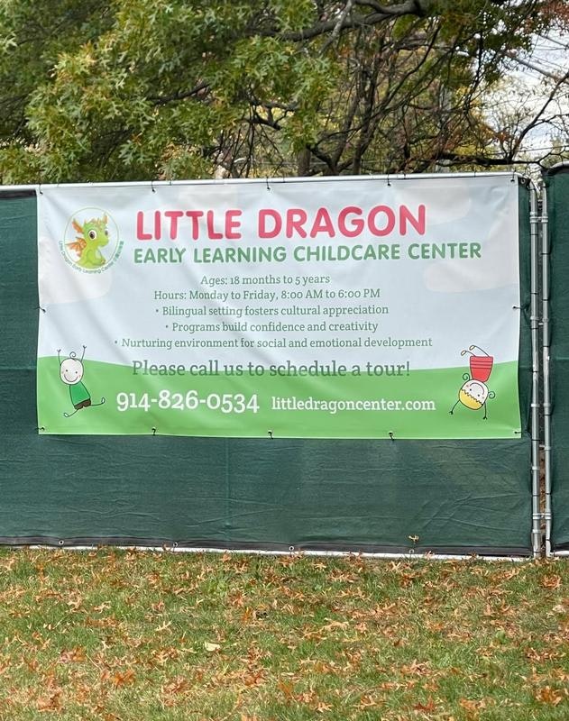 A banner for Little Dragon Early Learning Childcare Center, offering programs for ages 18 months to 5 years with bilingual options.