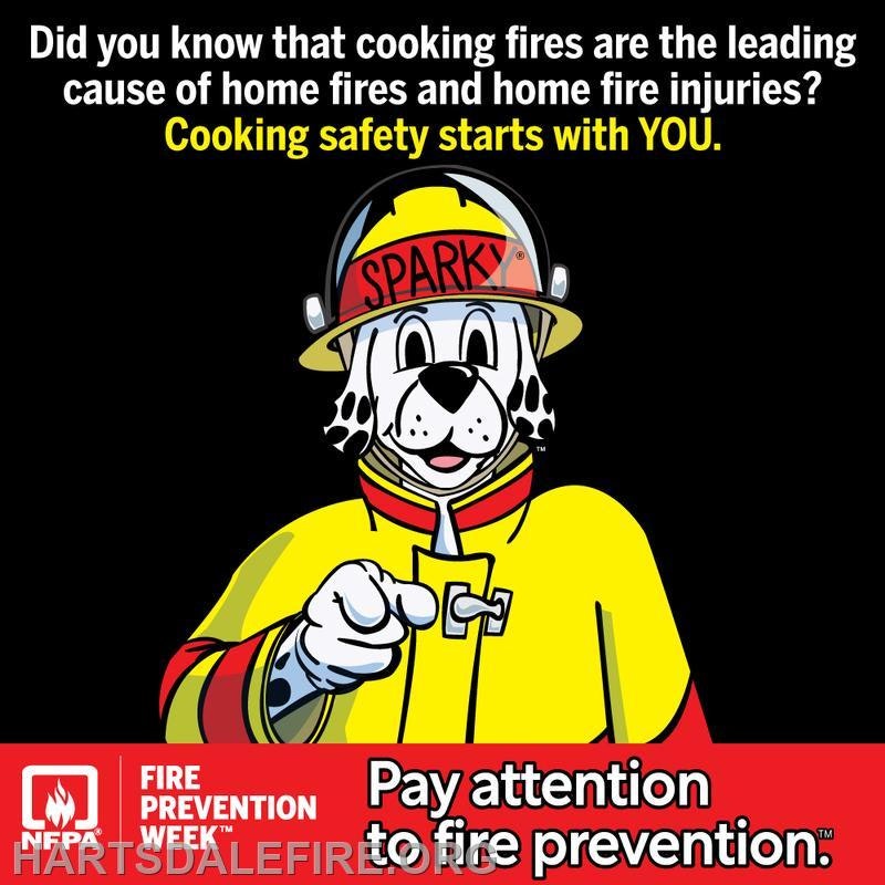 Cartoon fire dog Sparky promotes fire prevention, highlighting cooking safety to prevent home fires.
