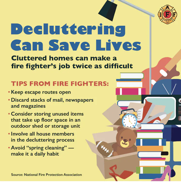 Infographic on decluttering to aid firefighters; tips: keep escape routes open, discard mail, store unused items, daily tidy habits.