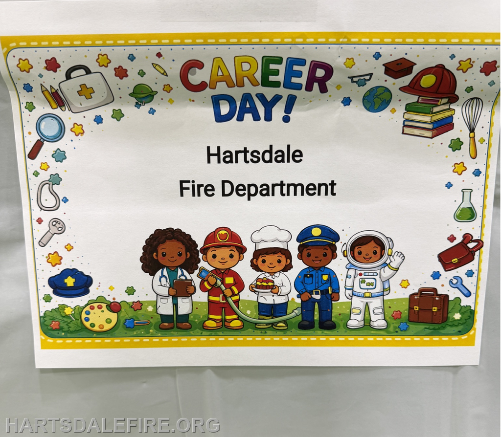A colorful sign for "Career Day!" featuring various professions, including the Hartsdale Fire Department, with illustrations of children in uniforms.
