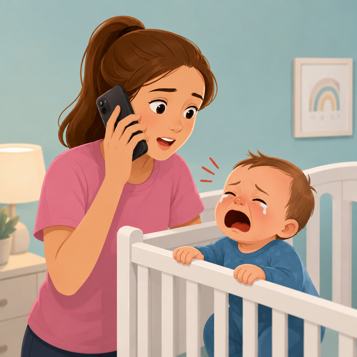 A mom on the phone looks worried as her baby cries in a crib, highlighting a moment of concern and care.