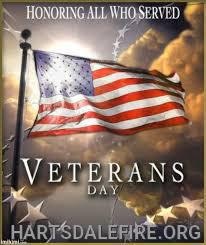 American flag with text "Honoring All Who Served, Veterans Day, hartsdalefire.org."