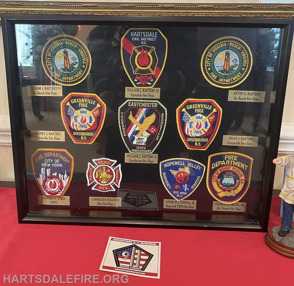 The image features a framed display of fire department patches, honoring various firefighters and fire departments.