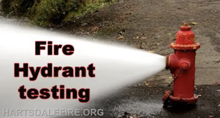 A red fire hydrant is spraying water, with the text "Fire Hydrant testing" prominently displayed.