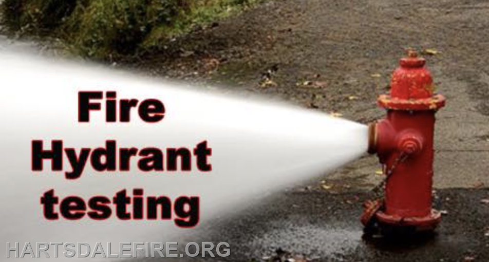 A red fire hydrant is spraying water, with the text "Fire Hydrant testing" prominently displayed.