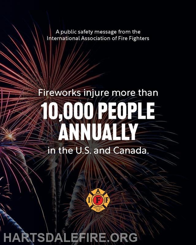The image highlights that fireworks injure over 10,000 people annually in the U.S. and Canada, sharing a public safety message.