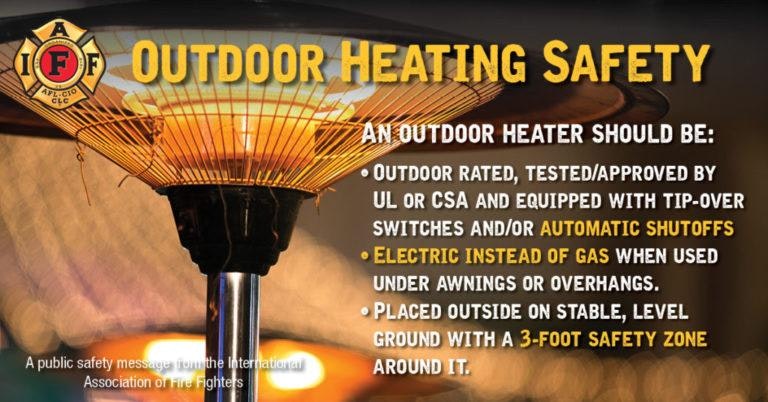 Outdoor heating safety tips: use electric heaters, ensure certification, place on stable ground, maintain a 3-foot safety zone.