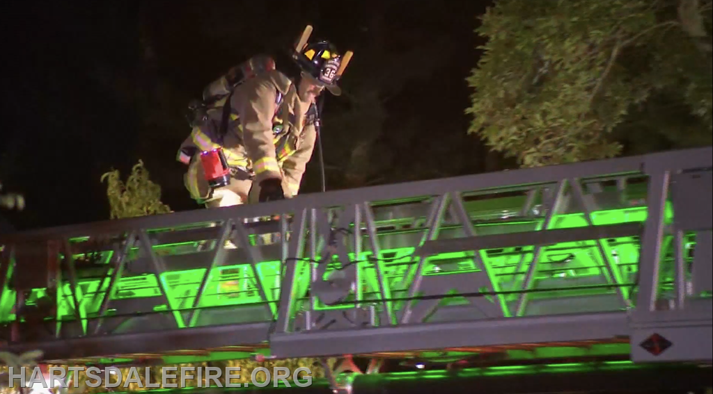 A firefighter climbs a ladder at night, illuminated by green lights, amidst trees.