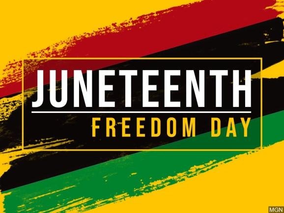 "Juneteenth Freedom Day" text on a yellow background with red, black, and green brushstrokes.