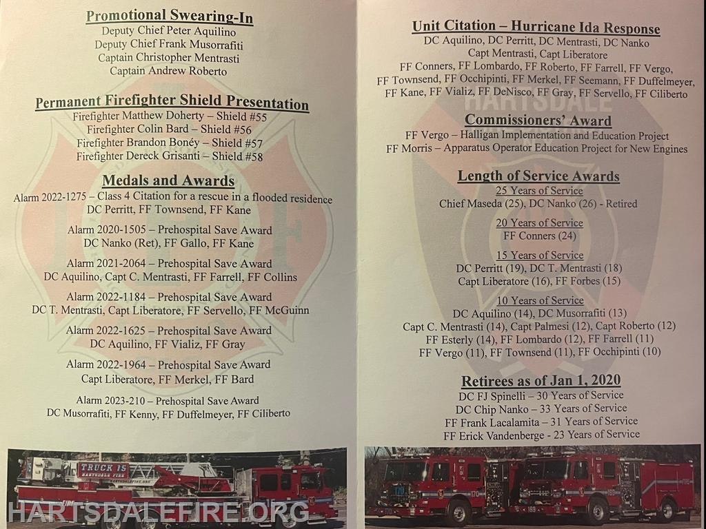 Fire department event list: promotions, awards, lengths of service, retirements. Includes details of recipients and service recognition.