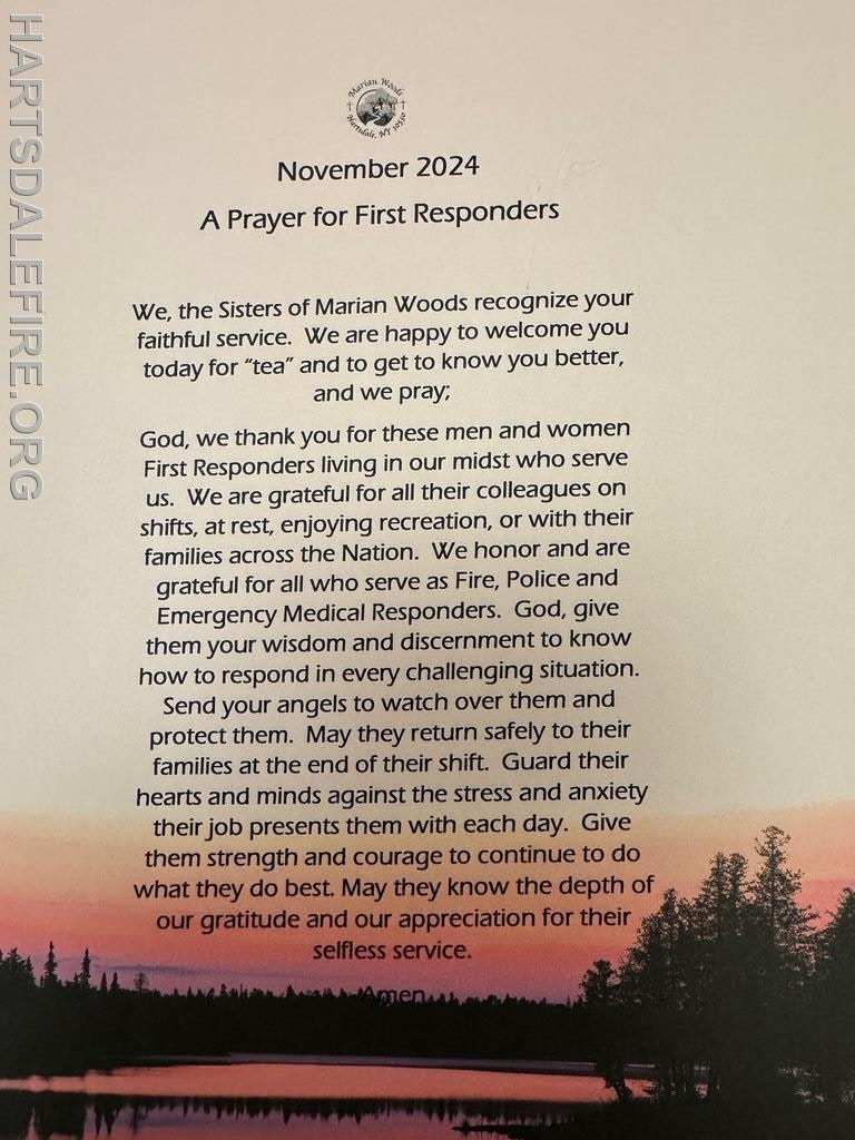 The image features a prayer from the Sisters of Marian Woods, expressing gratitude for first responders and asking for their protection and strength.