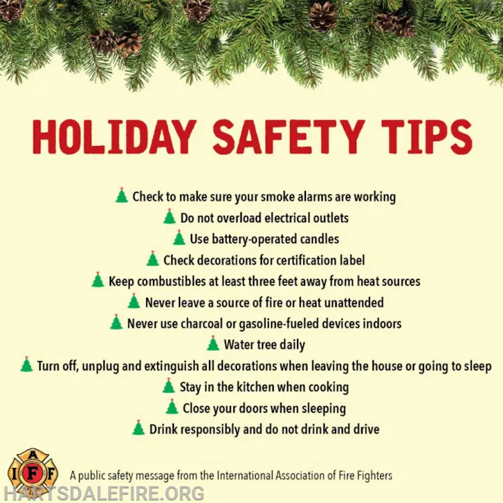 Holiday safety tips on fire prevention, electrical safety, and responsible behavior.