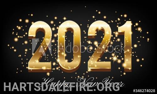 Golden "2021" text with sparkles, on a dark background, and "Happy New Year" message underneath.