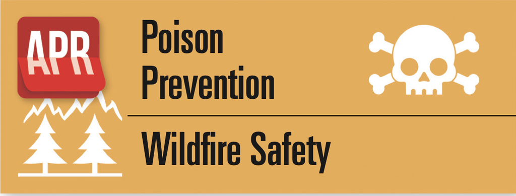 Icons of trees and a skull with the text "APR," "Poison Prevention," and "Wildfire Safety."