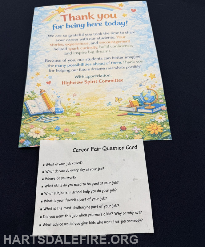 A thank-you card for career fair participants and a list of questions for sharing job experiences with students.