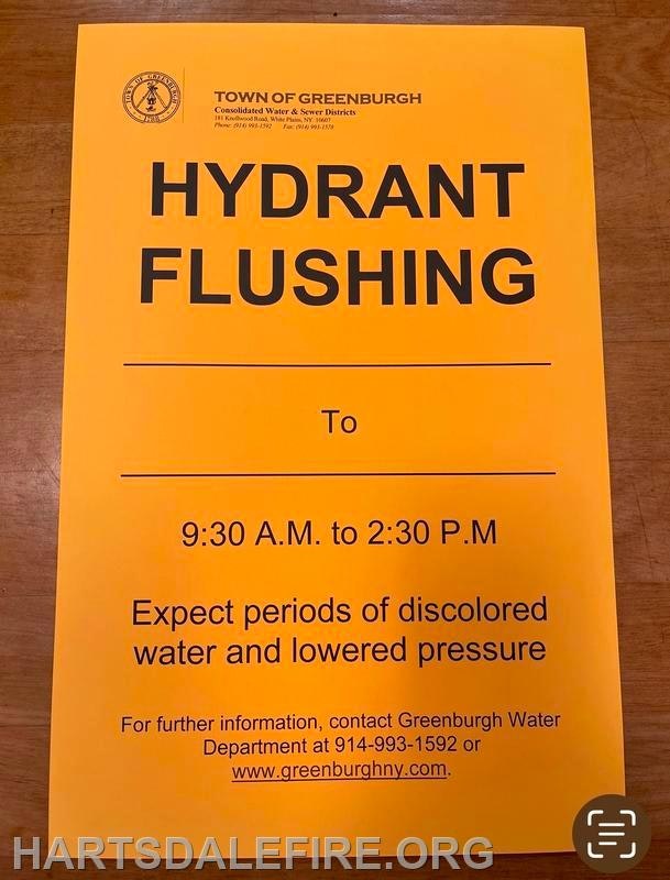 Notice for hydrant flushing in Greenburgh, from 9:30 AM to 2:30 PM. Expect discolored water and lower pressure.