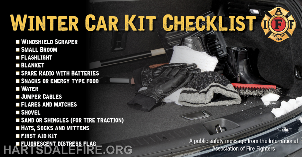 A checklist for a winter car kit, including essential items like a scraper, flashlight, blanket, and first aid kit for safety.