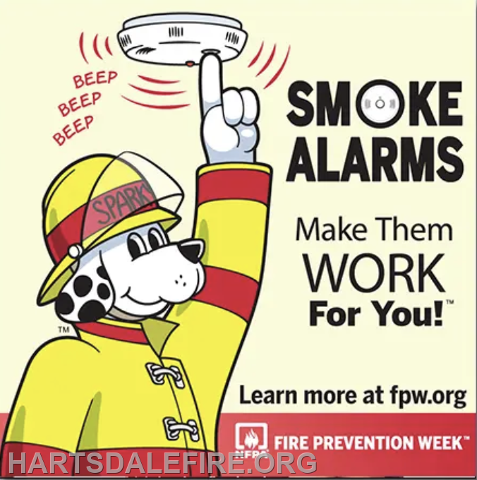 The image promotes smoke alarms with a cartoon dog in a firefighter outfit, encouraging their use for safety.