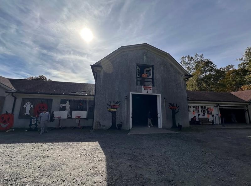 A barn decorated for Halloween, featuring spooky decorations like ghosts, pumpkins, and black cats, under a sunny sky.