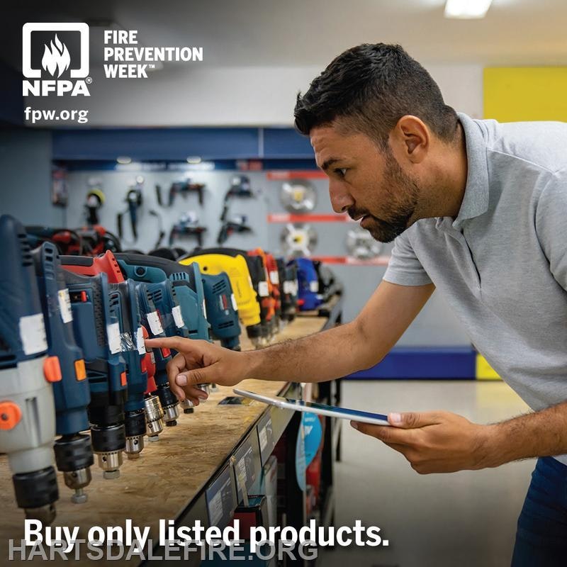 A man examines power tools in a store, emphasizing the importance of buying only listed products for safety.