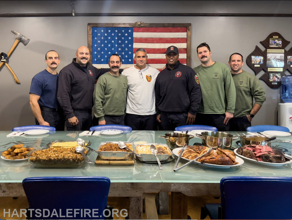 A group of firefighters poses in front of an American flag with a table full of food, celebrating a gathering or event.