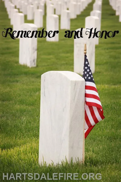 A cemetery with a U.S. flag by a gravestone. Text: "Remember and Honor."